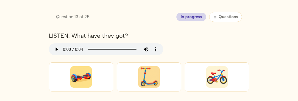 Pregunta de listening con reproductor de audio y opciones ilustradas